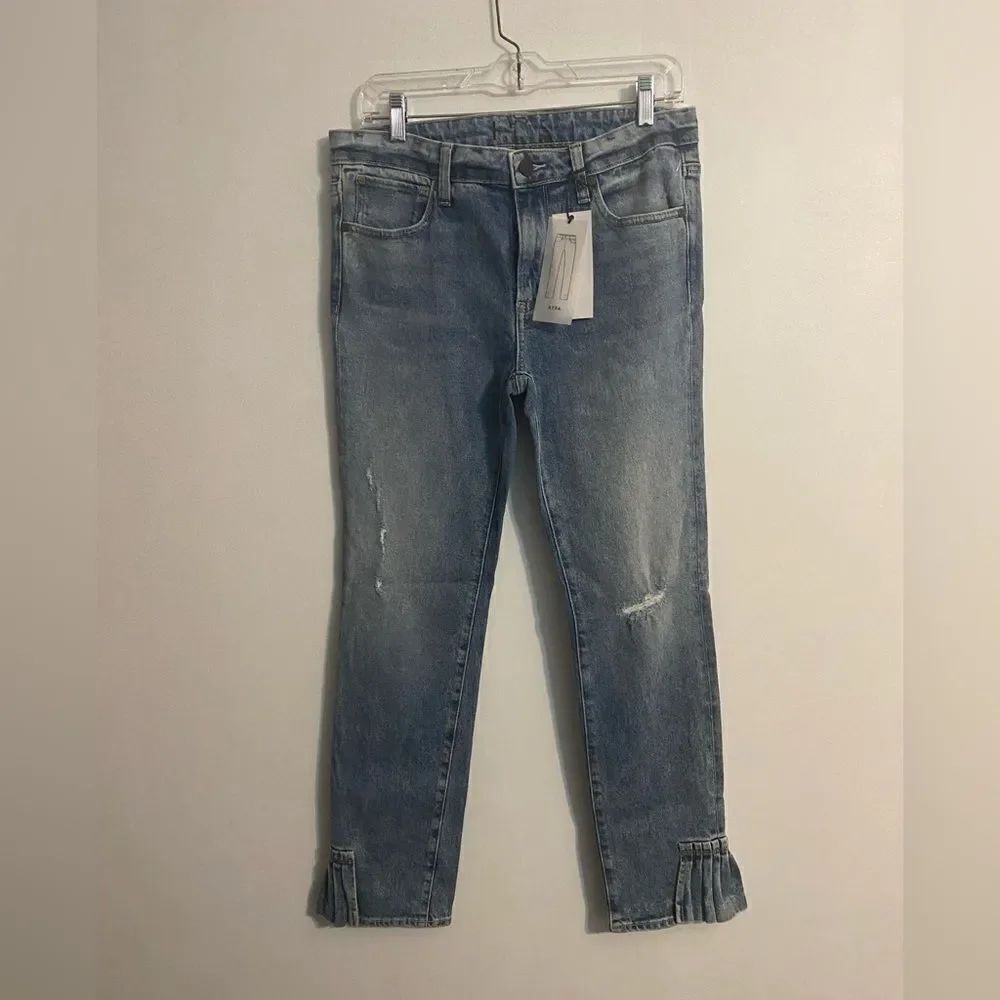 Hale Ayra straight leg with ruffle hem distressed jeans, size 31/12